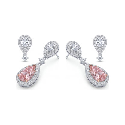 2.5 Carat Pear Pink Lab Grown Diamond and White Diamond Halo Earrings 14K White Gold
