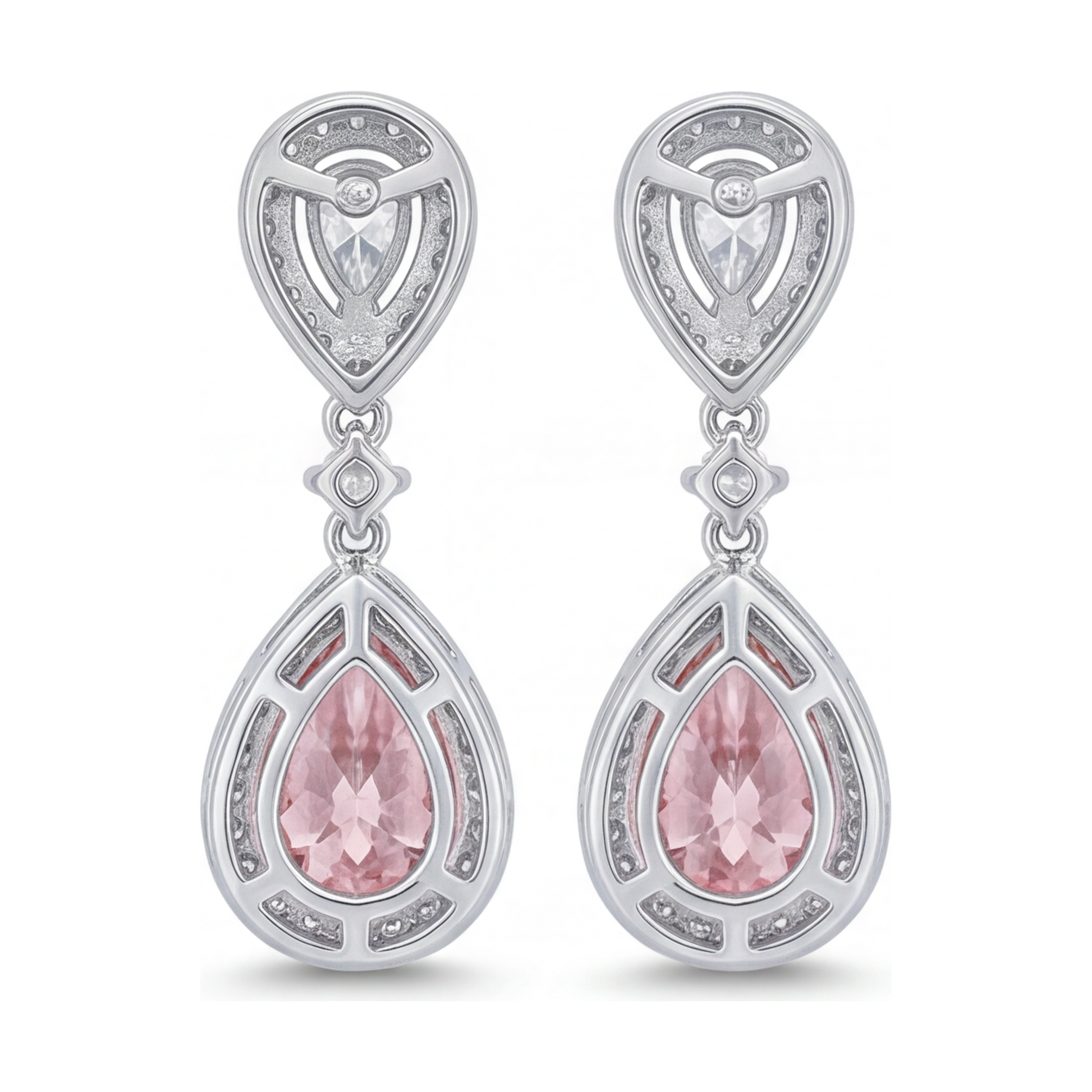 2.5 Carat Pear Pink Lab Grown Diamond and White Diamond Halo Earrings 14K White Gold