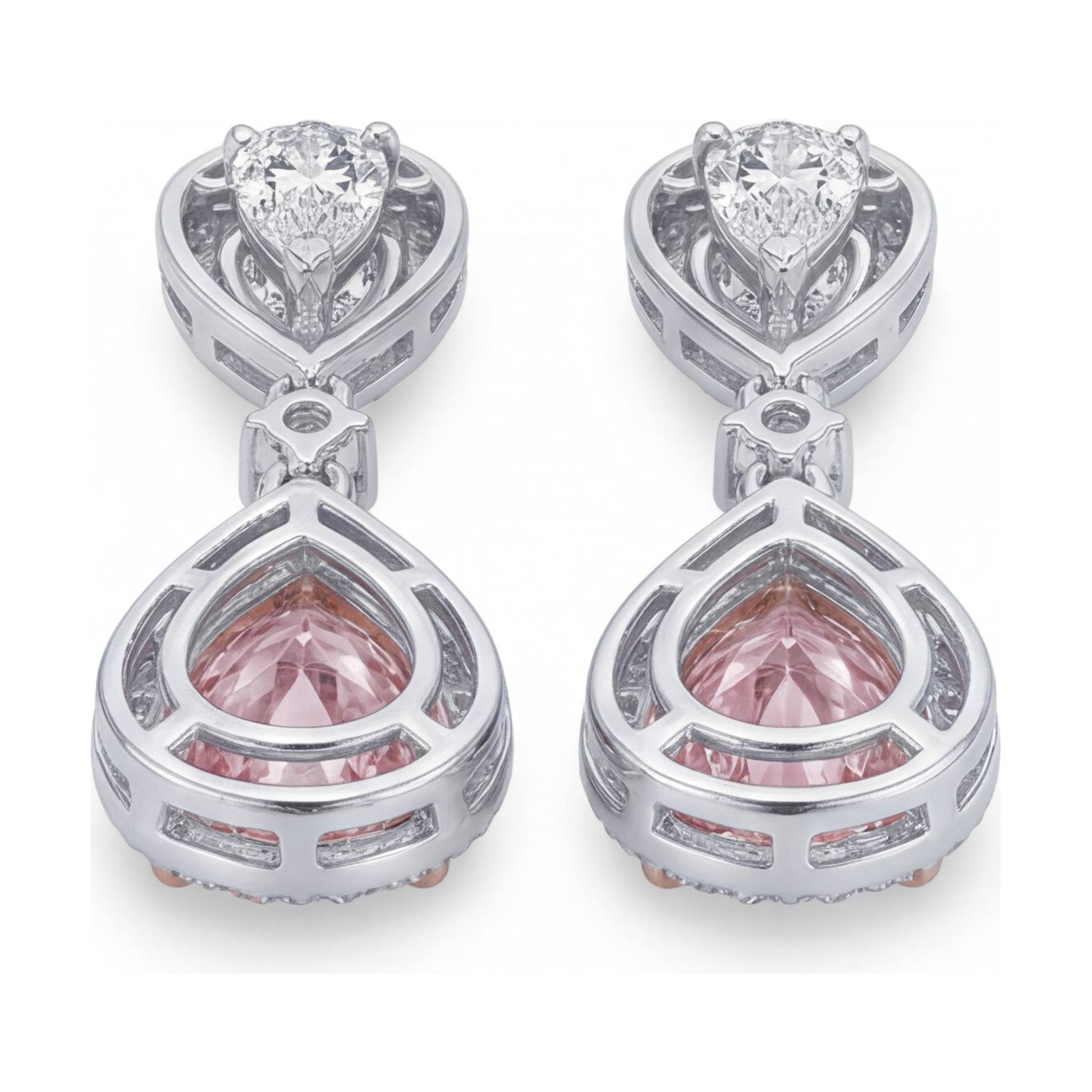 2.5 Carat Pear Pink Lab Grown Diamond and White Diamond Halo Earrings 14K White Gold