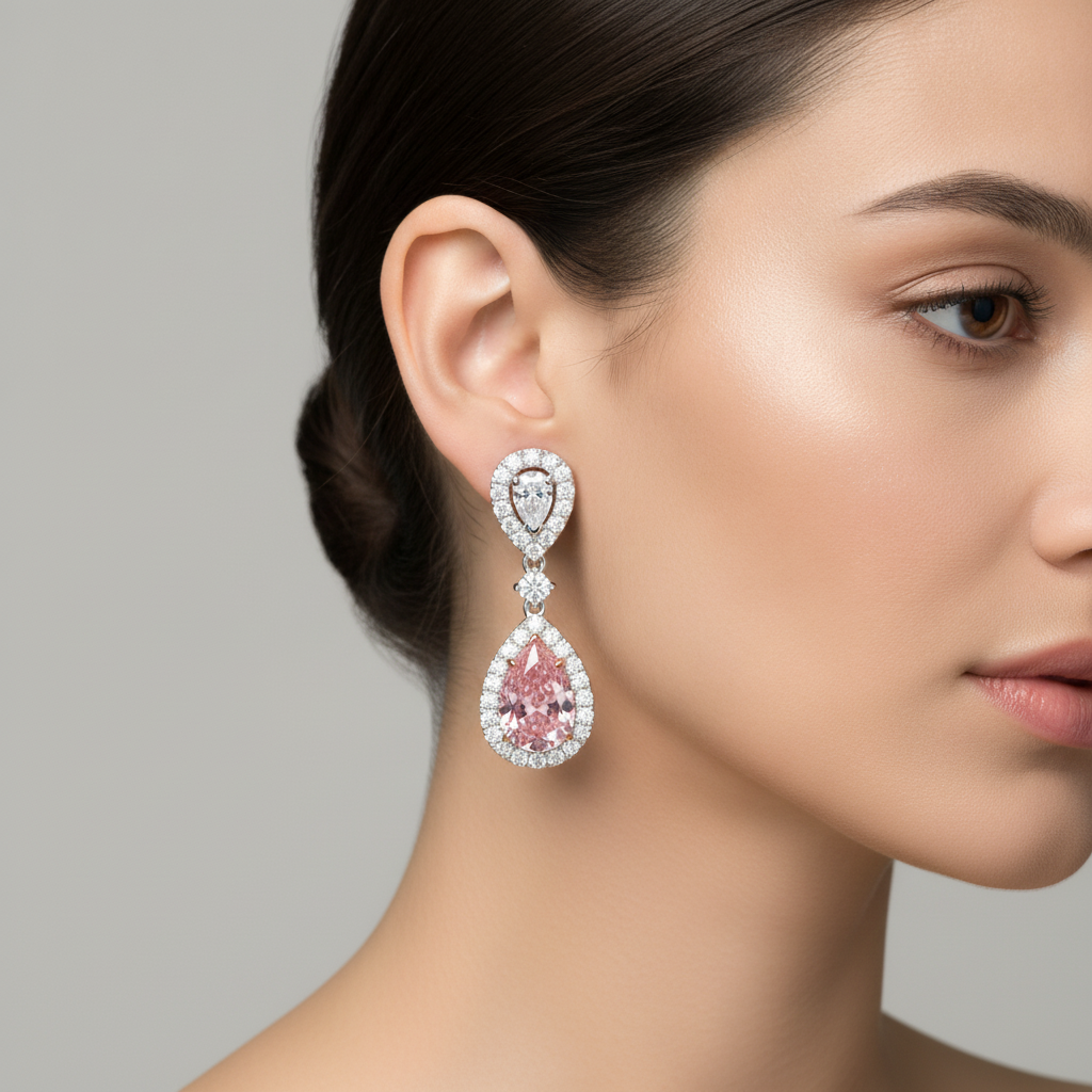 2.5 Carat Pear Pink Lab Grown Diamond and White Diamond Halo Earrings 14K White Gold worn on ear
