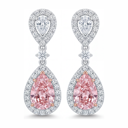 2.5 Carat Pear Pink Lab Grown Diamond and White Diamond Halo Earrings 14K White Gold