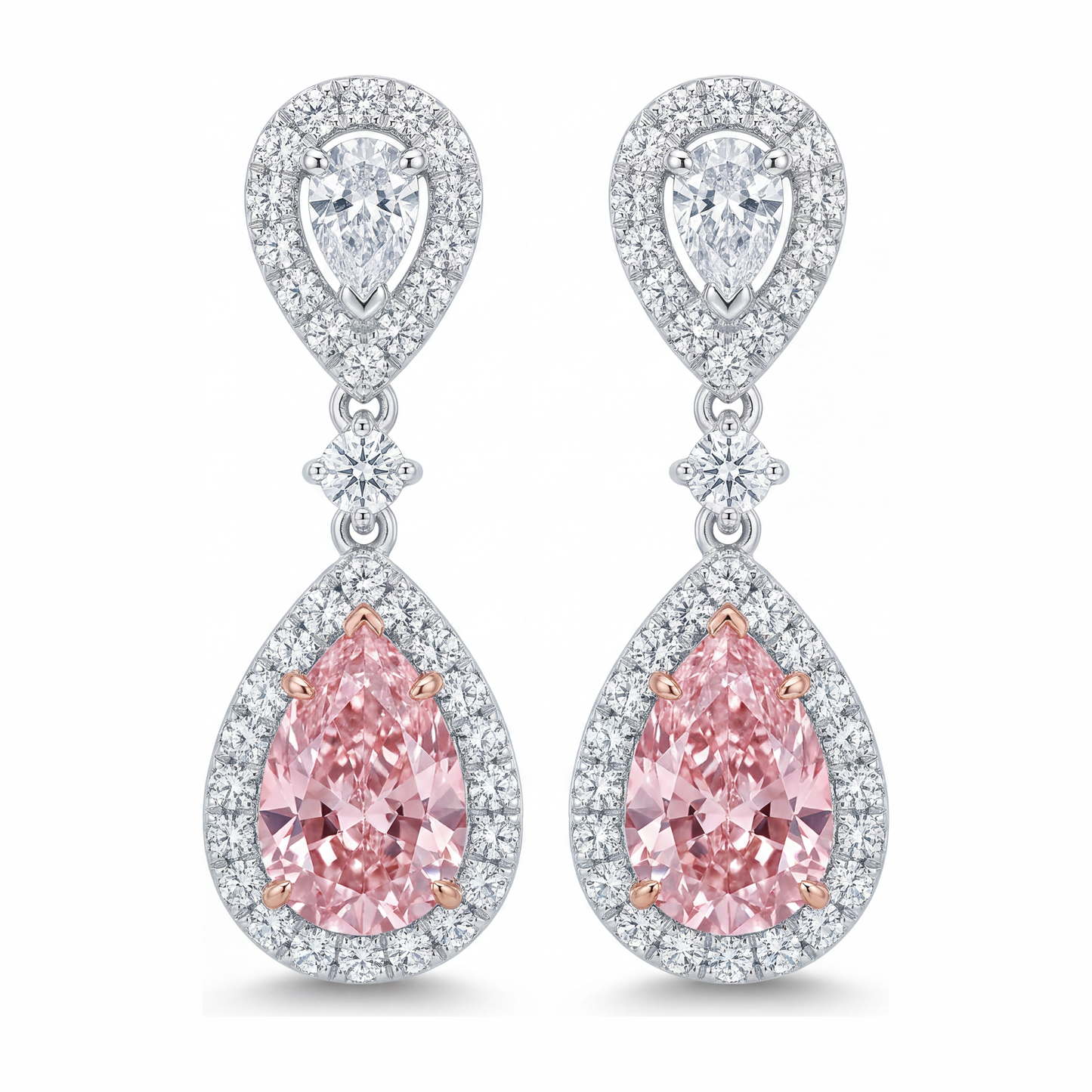 2.5 Carat Pear Pink Lab Grown Diamond and White Diamond Halo Earrings 14K White Gold
