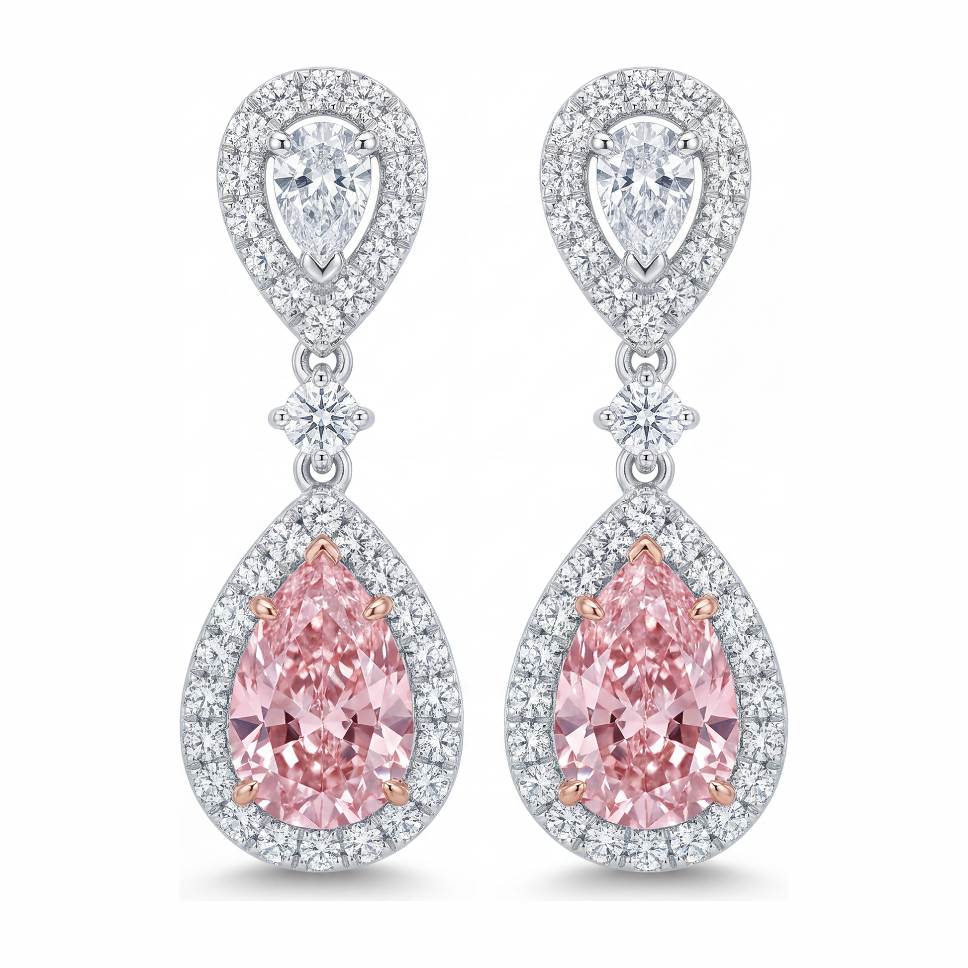 2.5 Carat Pear Pink Lab Grown Diamond and White Diamond Halo Earrings 14K White Gold