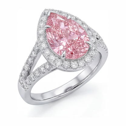 2.5 Carat Pear Pink Lab Grown Diamond and White Diamond Halo Ring 14K White Gold