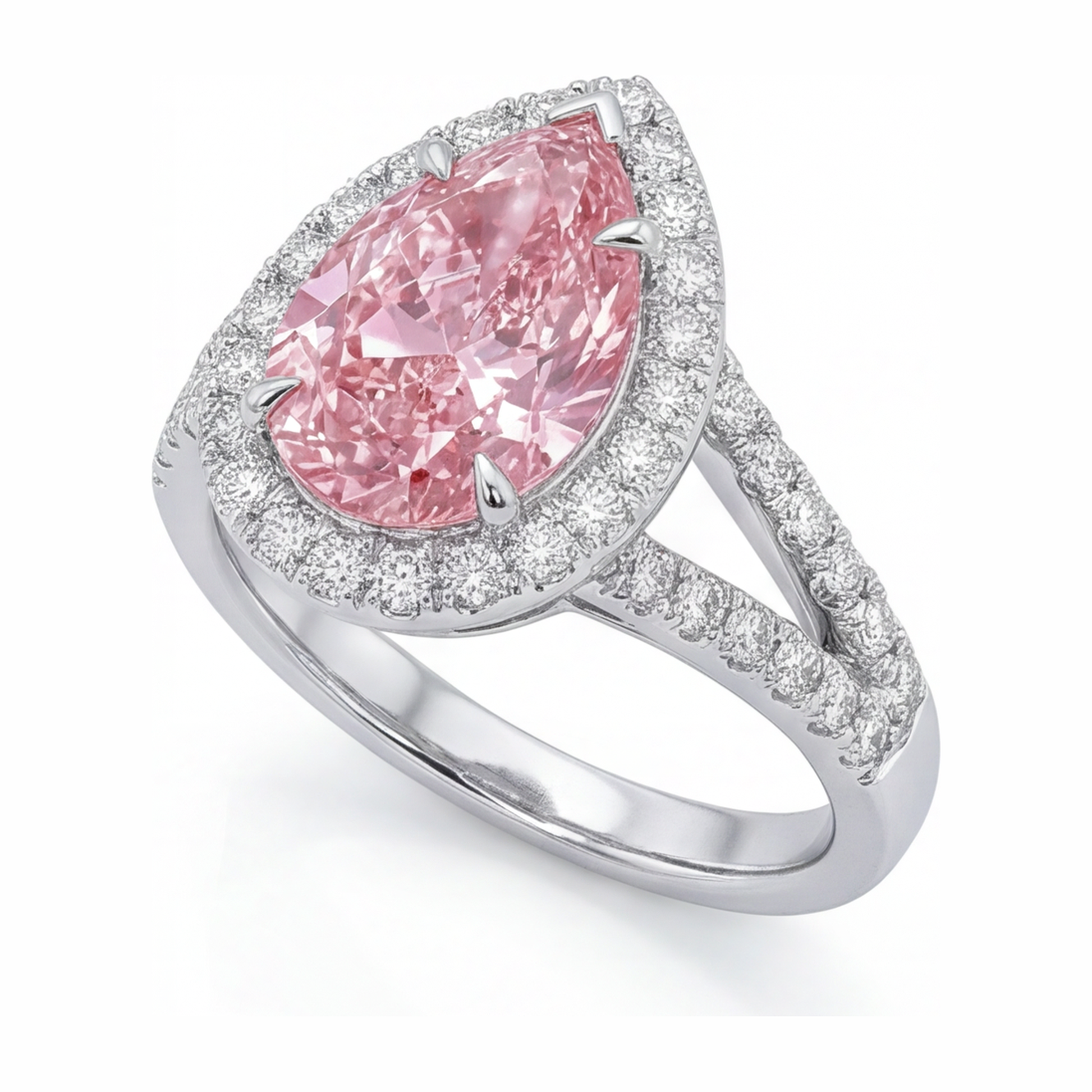2.5 Carat Pear Pink Lab Grown Diamond and White Diamond Halo Ring 14K White Gold