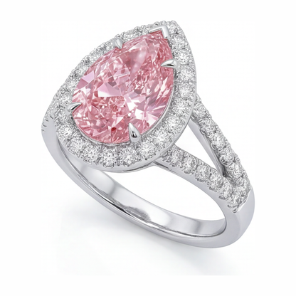 2.5 Carat Pear Pink Lab Grown Diamond and White Diamond Halo Ring 14K White Gold