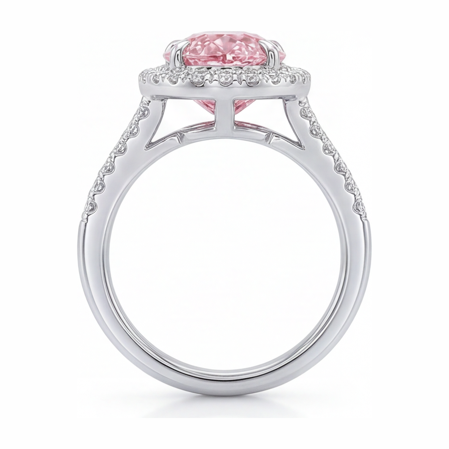 2.5 Carat Pear Pink Lab Grown Diamond and White Diamond Halo Ring 14K White Gold