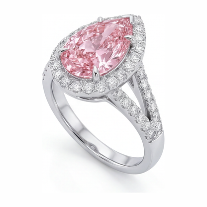 2.5 Carat Pear Pink Lab Grown Diamond and White Diamond Halo Ring 14K White Gold