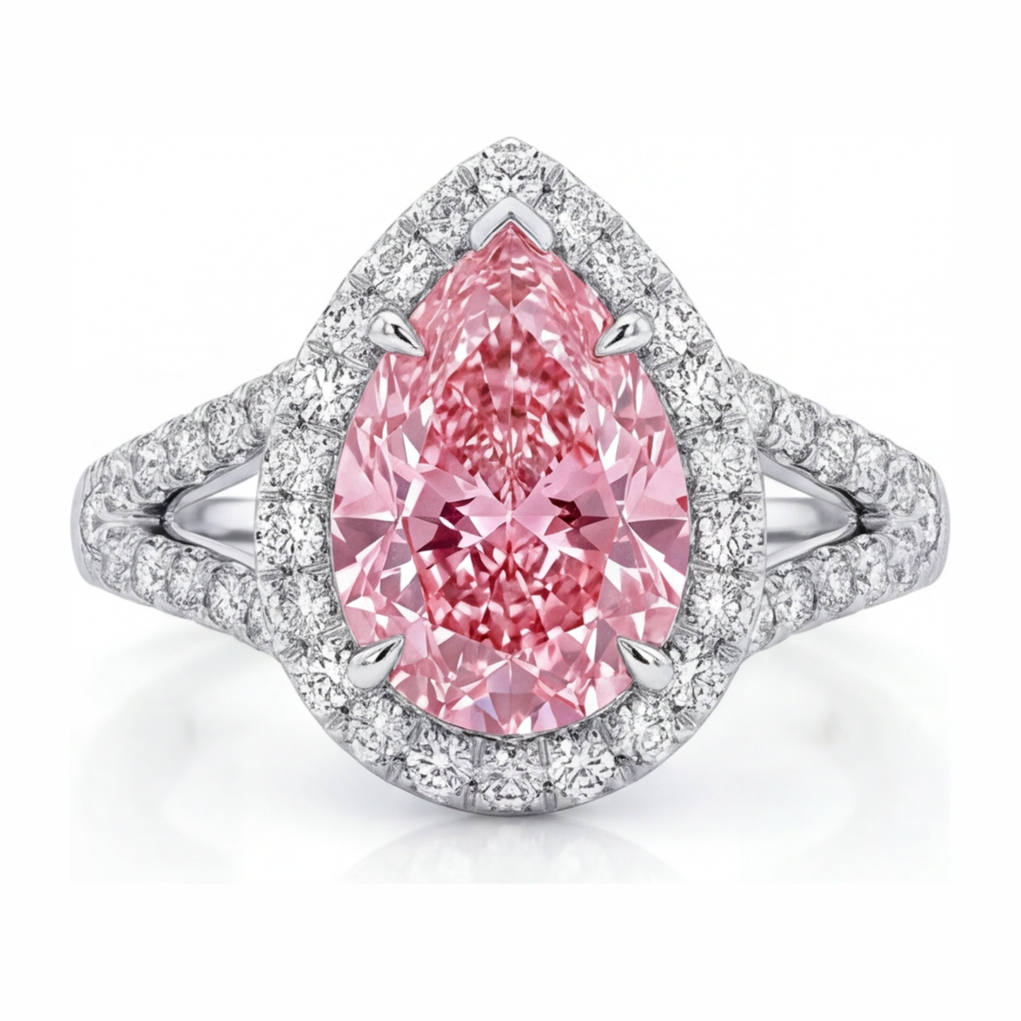 2.5 Carat Pear Pink Lab Grown Diamond and White Diamond Halo Ring 14K White Gold