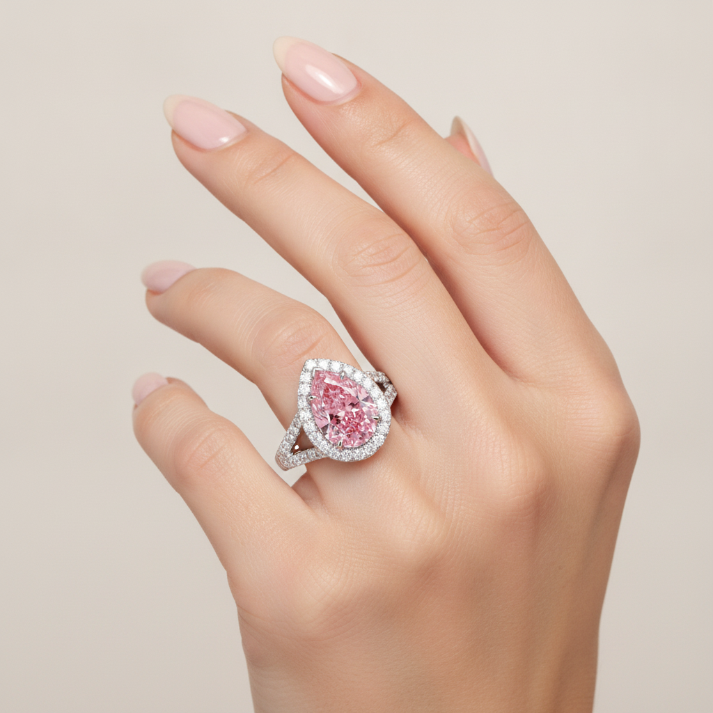 2.5 Carat Pear Pink Lab Grown Diamond and White Diamond Halo Ring 14K White Gold worn