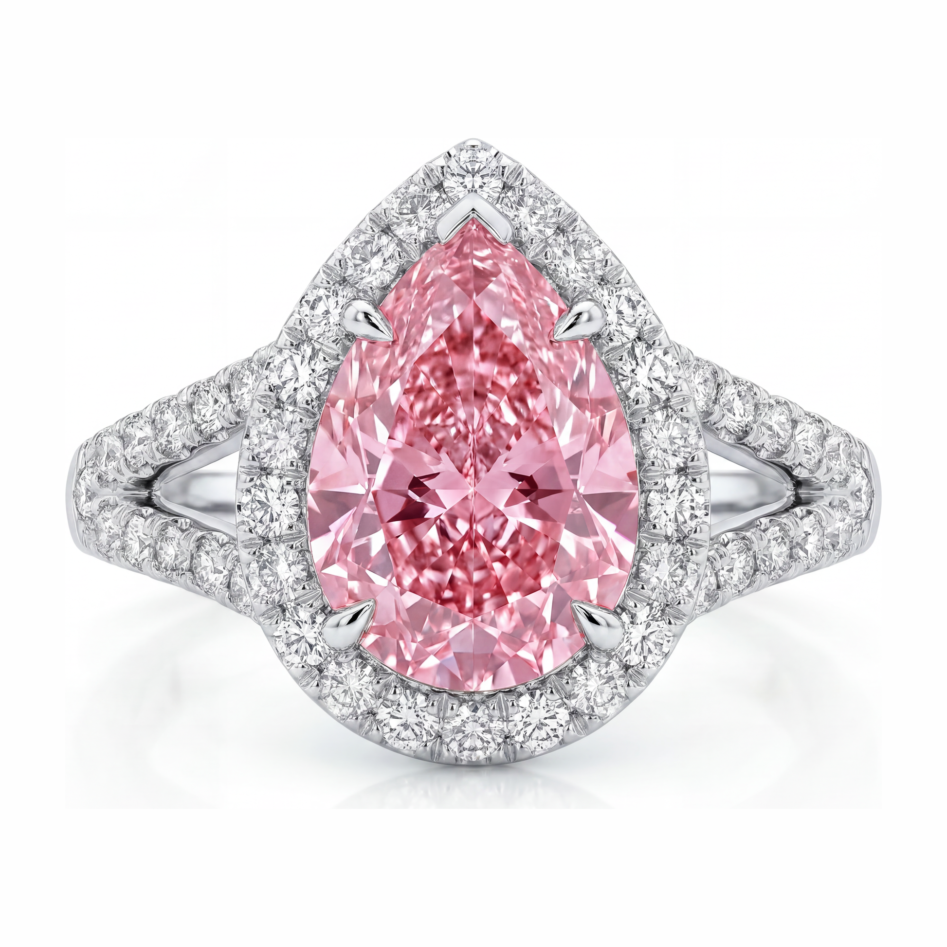 2.5 Carat Pear Pink Lab Grown Diamond and White Diamond Halo Ring 14K White Gold