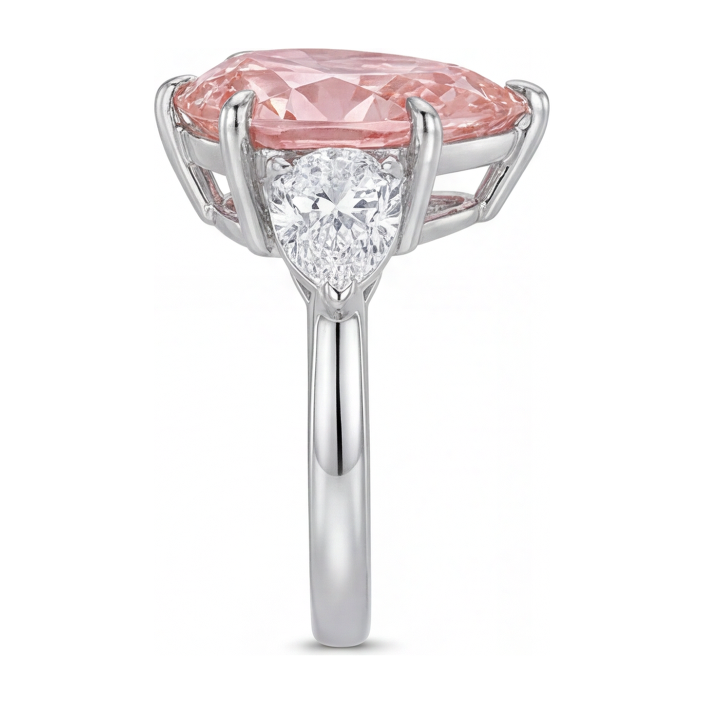 2.5 Carat Pear Pink Lab Grown Diamond and White Diamond Three Stone Ring 14K White Gold