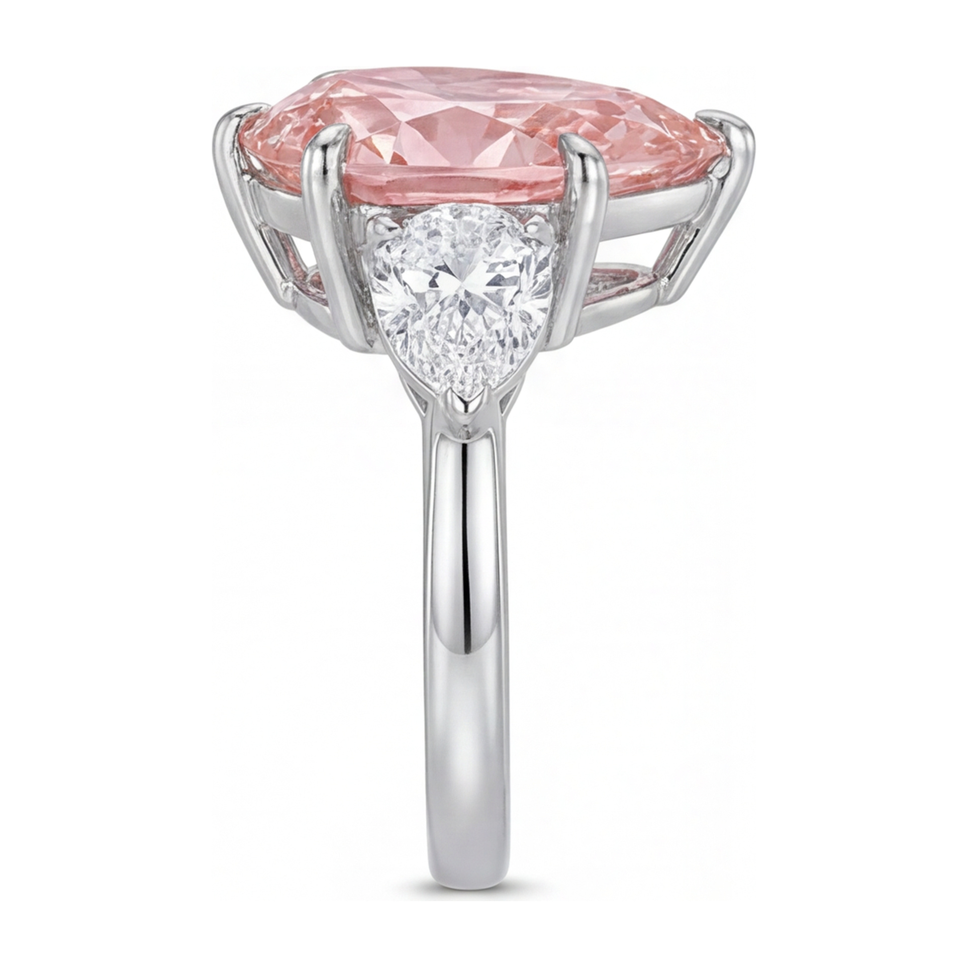 2.5 Carat Pear Pink Lab Grown Diamond and White Diamond Three Stone Ring 14K White Gold