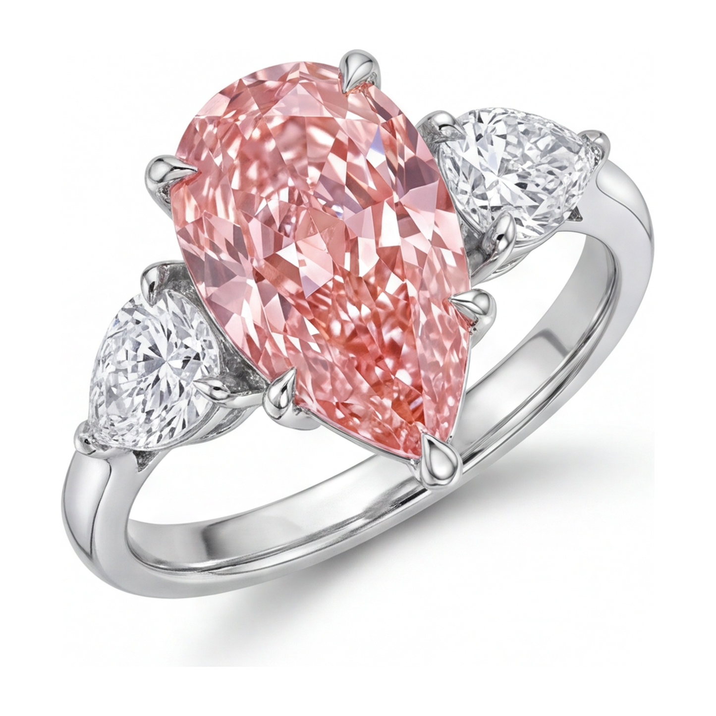 2.5 Carat Pear Pink Lab Grown Diamond and White Diamond Three Stone Ring 14K White Gold