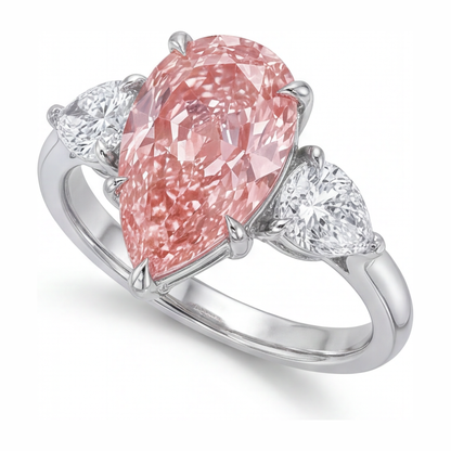 2.5 Carat Pear Pink Lab Grown Diamond and White Diamond Three Stone Ring 14K White Gold