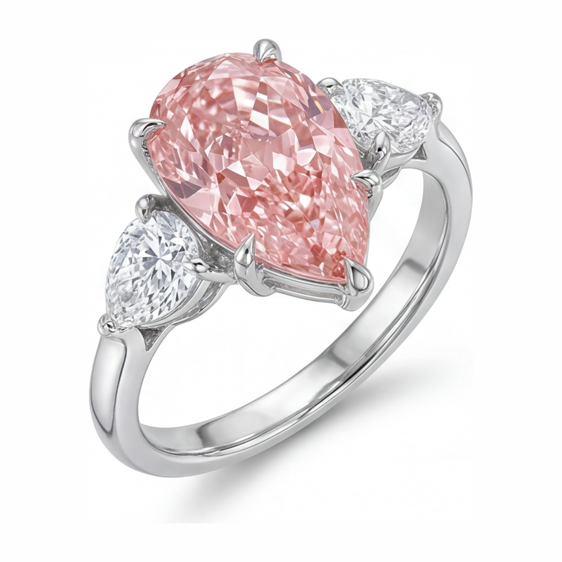 2.5 Carat Pear Pink Lab Grown Diamond and White Diamond Three Stone Ring 14K White Gold