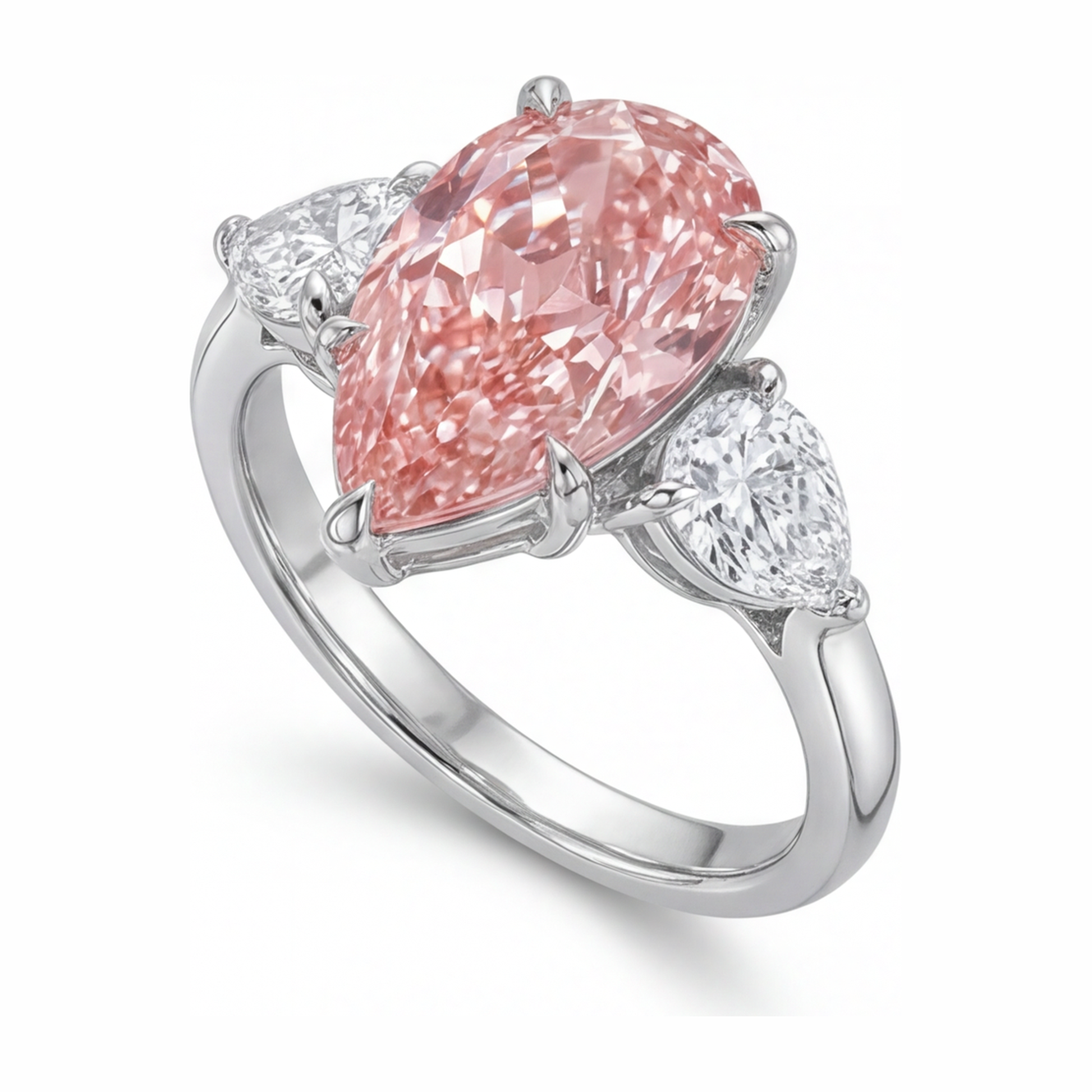 2.5 Carat Pear Pink Lab Grown Diamond and White Diamond Three Stone Ring 14K White Gold