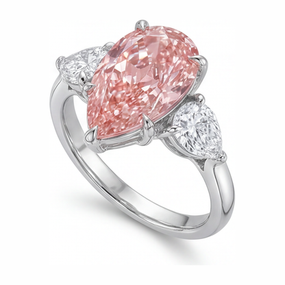 2.5 Carat Pear Pink Lab Grown Diamond and White Diamond Three Stone Ring 14K White Gold