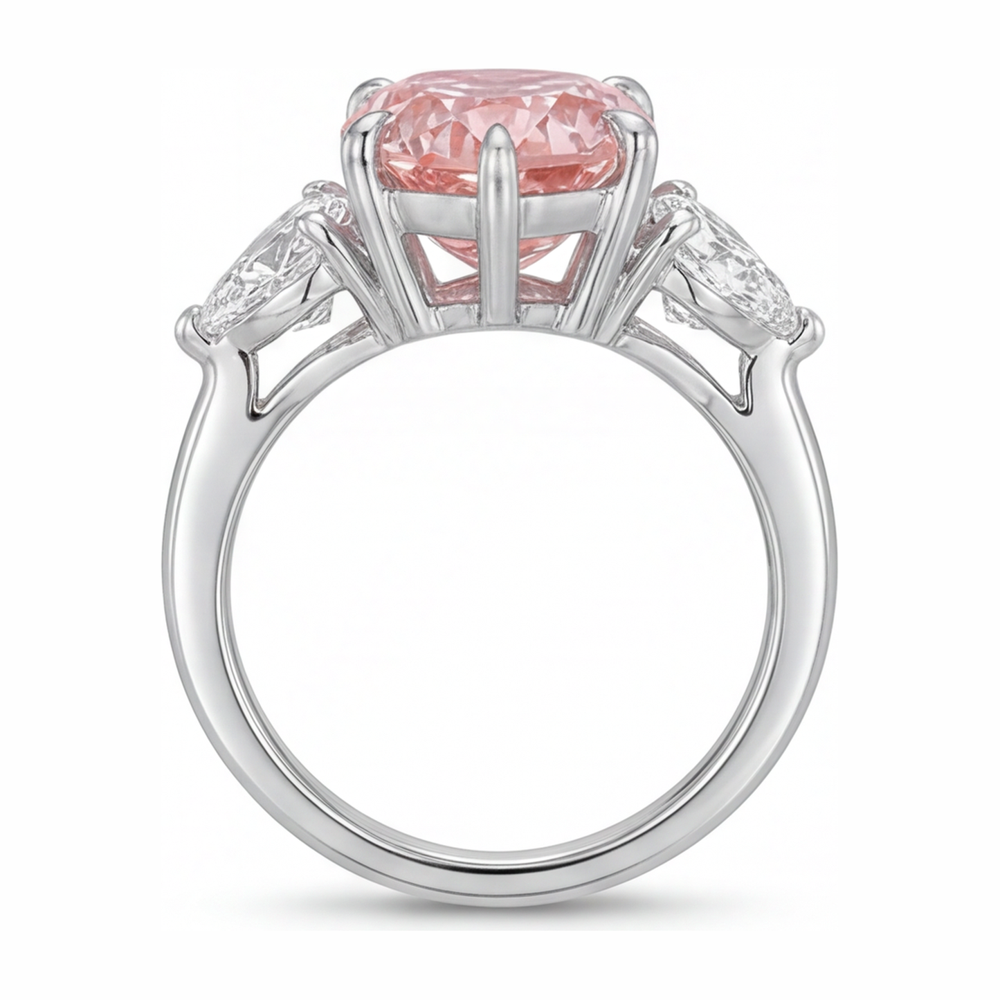 2.5 Carat Pear Pink Lab Grown Diamond and White Diamond Three Stone Ring 14K White Gold