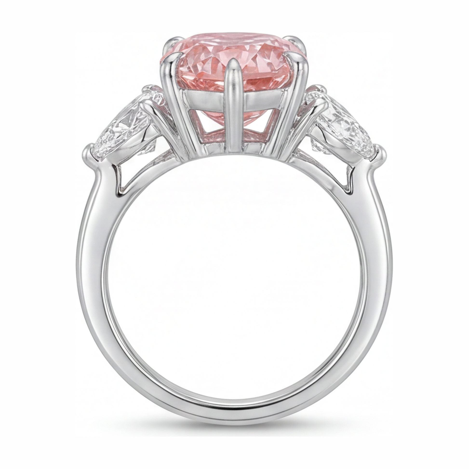 2.5 Carat Pear Pink Lab Grown Diamond and White Diamond Three Stone Ring 14K White Gold