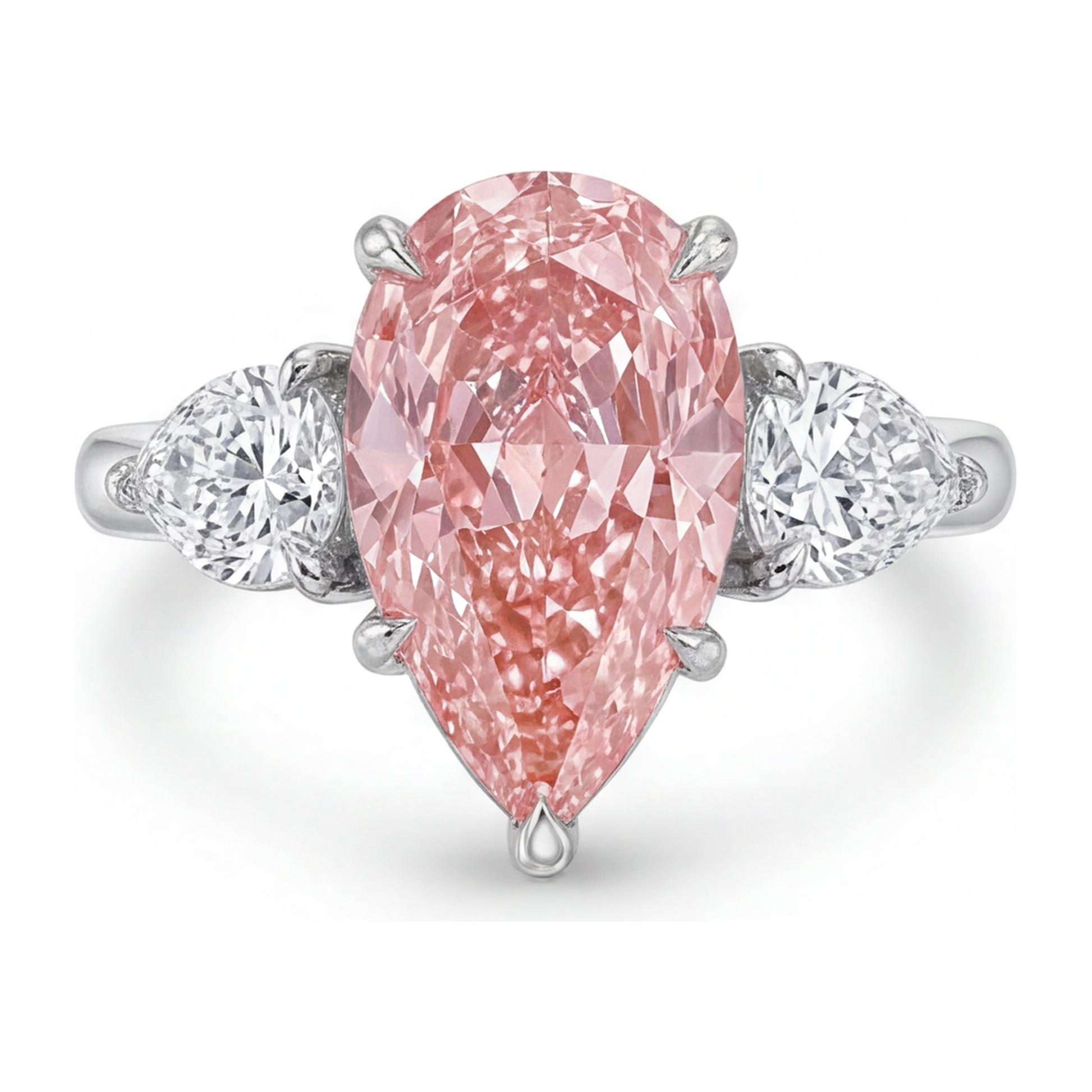 2.5 Carat Pear Pink Lab Grown Diamond and White Diamond Three Stone Ring 14K White Gold