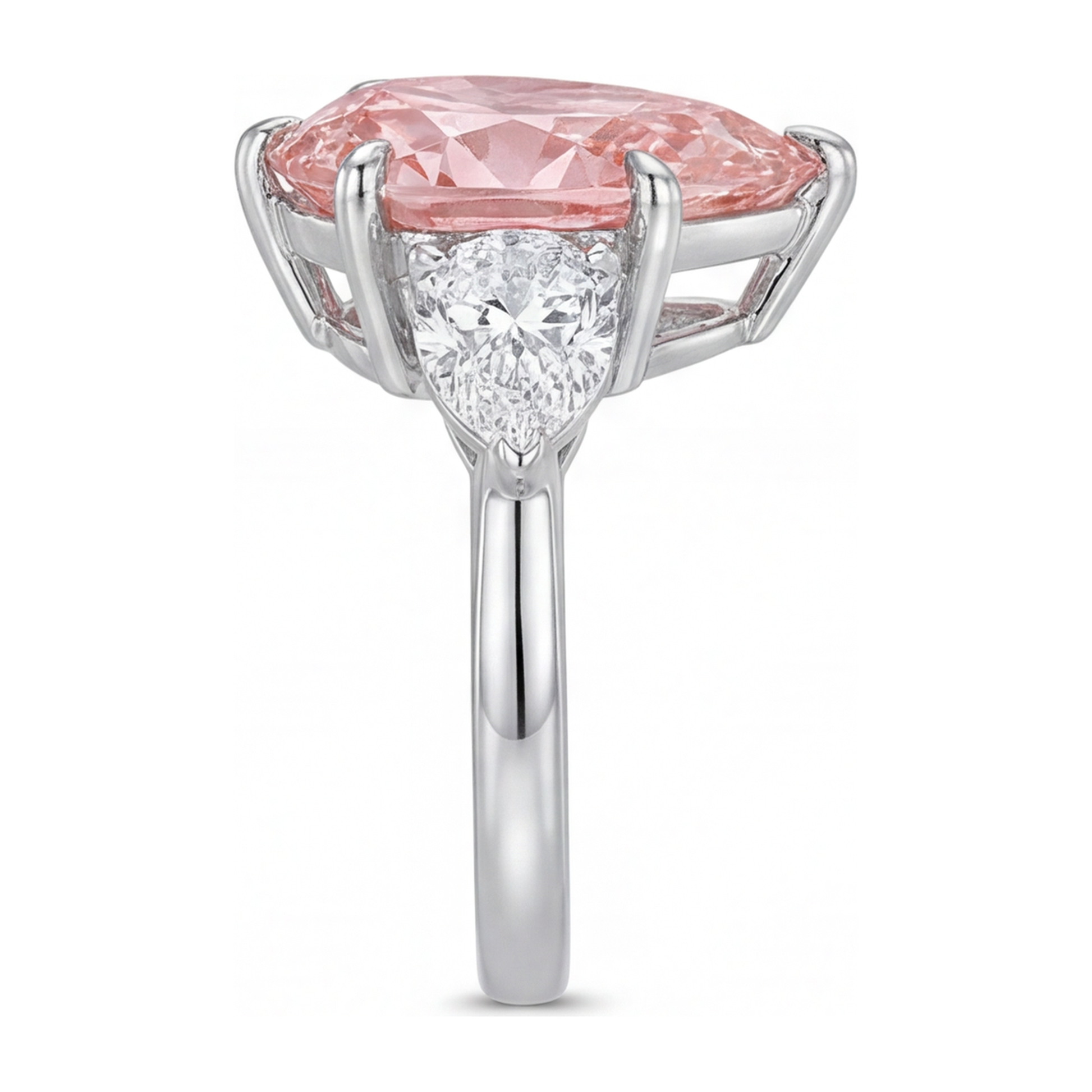 2.5 Carat Pear Pink Lab Grown Diamond and White Diamond Three Stone Ring 14K White Gold