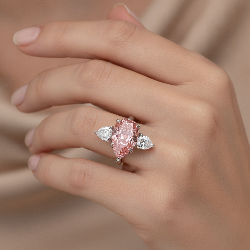 2.5 Carat Pear Pink Lab Grown Diamond and White Diamond Three Stone Ring 14K White Gold worn