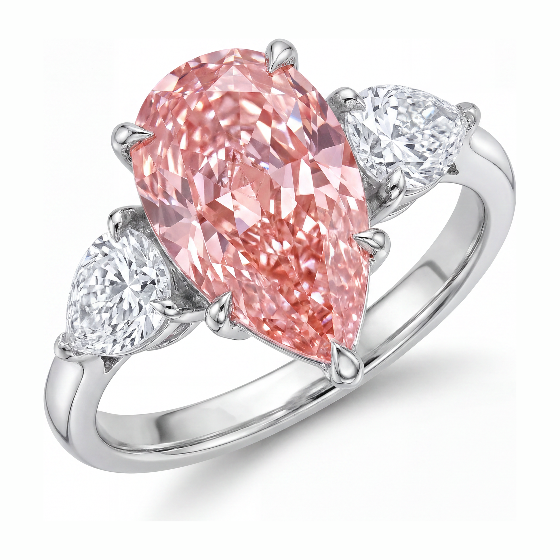 2.5 Carat Pear Pink Lab Grown Diamond and White Diamond Three Stone Ring 14K White Gold