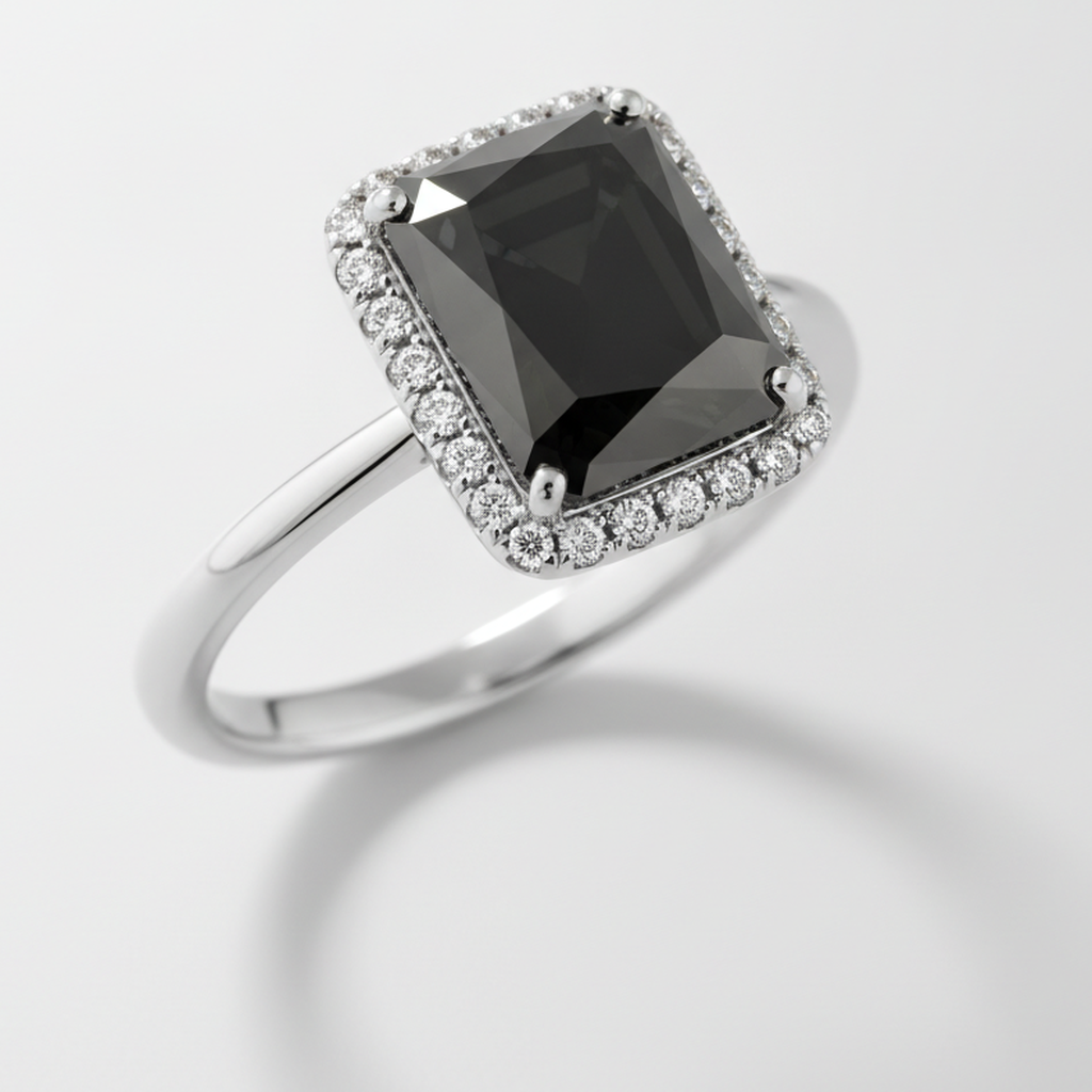 2.5 Carat Radiant Black Diamond and White Diamond Halo Ring Natural 14K White Gold