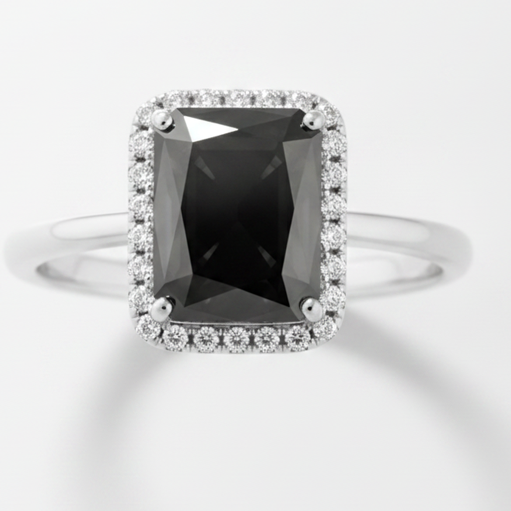 2.5 Carat Radiant Black Diamond and White Diamond Halo Ring Natural 14K White Gold