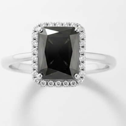 2.5 Carat Radiant Black Diamond and White Diamond Halo Ring Natural 14K White Gold