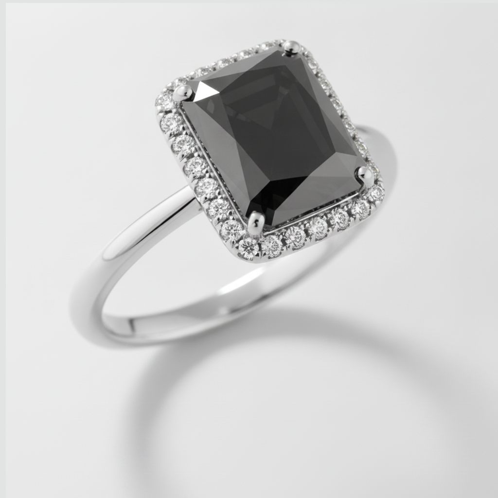 2.5 Carat Radiant Black Diamond and White Diamond Halo Ring Natural 14K White Gold