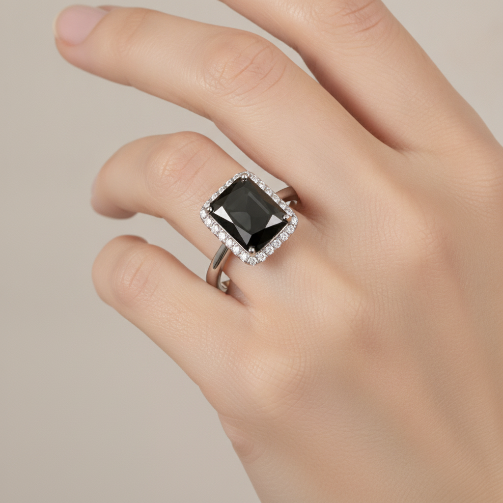 2.5 Carat Radiant Black Diamond and White Diamond Halo Ring Natural 14K White Gold