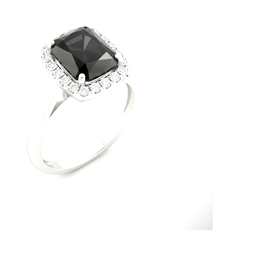 9 Carat Radiant Black Diamond and White Diamond Halo Ring Natural 14K White Gold