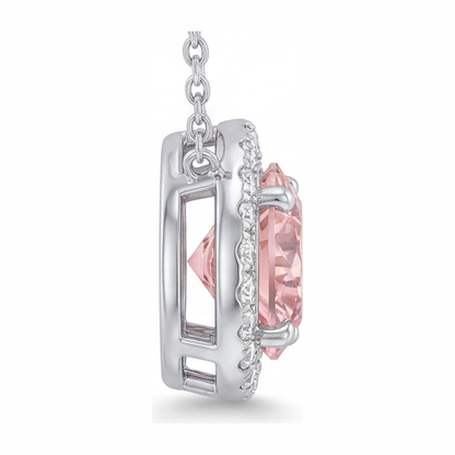 2.5 Carat Round Pink Lab Grown Diamond and White Diamond Halo Pendant 14K White Gold
