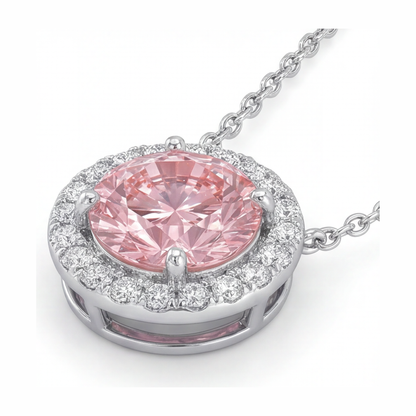 2.5 Carat Round Pink Lab Grown Diamond and White Diamond Halo Pendant 14K White Gold