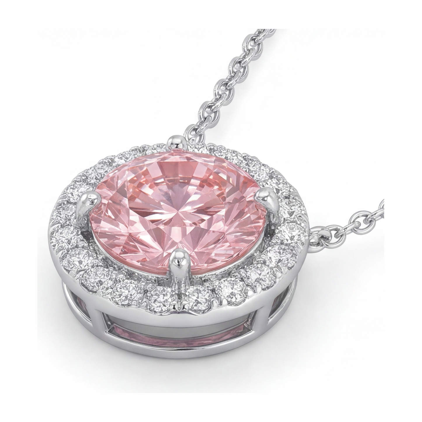 2.5 Carat Round Pink Lab Grown Diamond and White Diamond Halo Pendant 14K White Gold