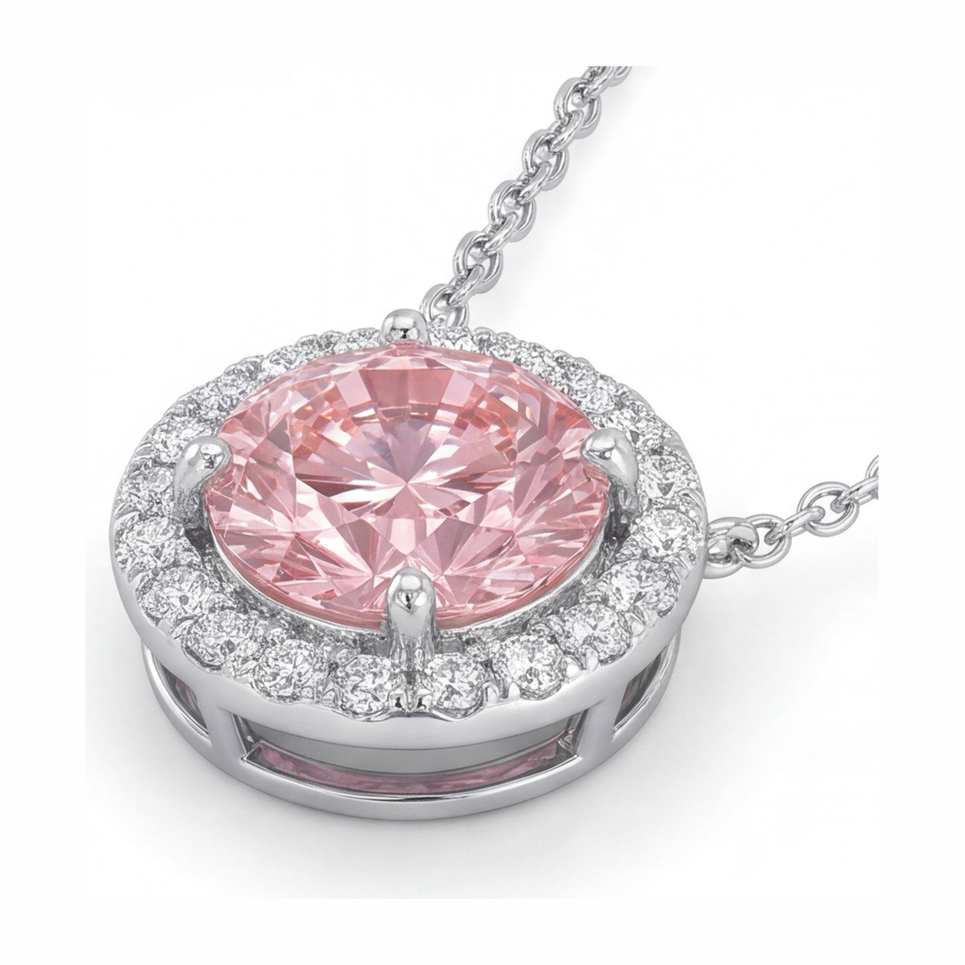 2.5 Carat Round Pink Lab Grown Diamond and White Diamond Halo Pendant 14K White Gold