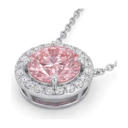 2.5 Carat Round Pink Lab Grown Diamond and White Diamond Halo Pendant 14K White Gold