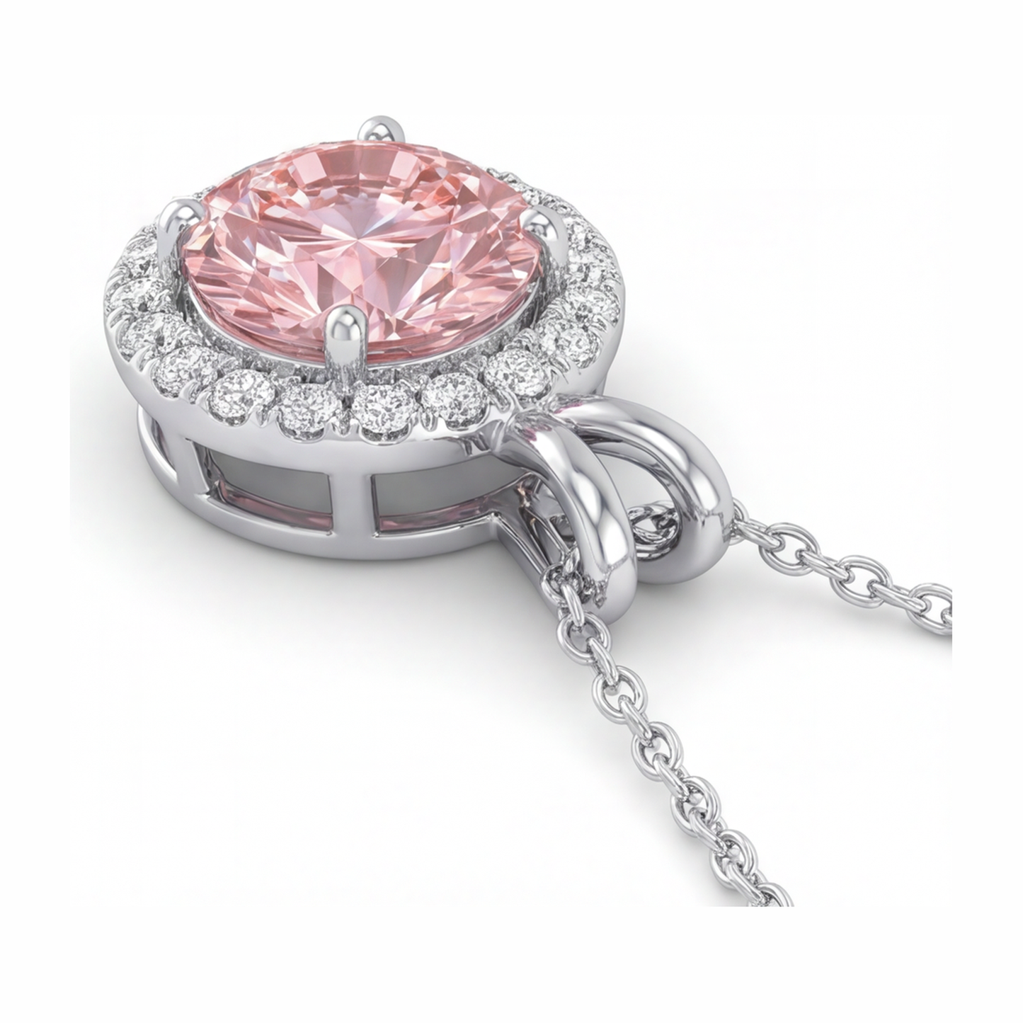 2.5 Carat Round Pink Lab Grown Diamond and White Diamond Halo Pendant 14K White Gold