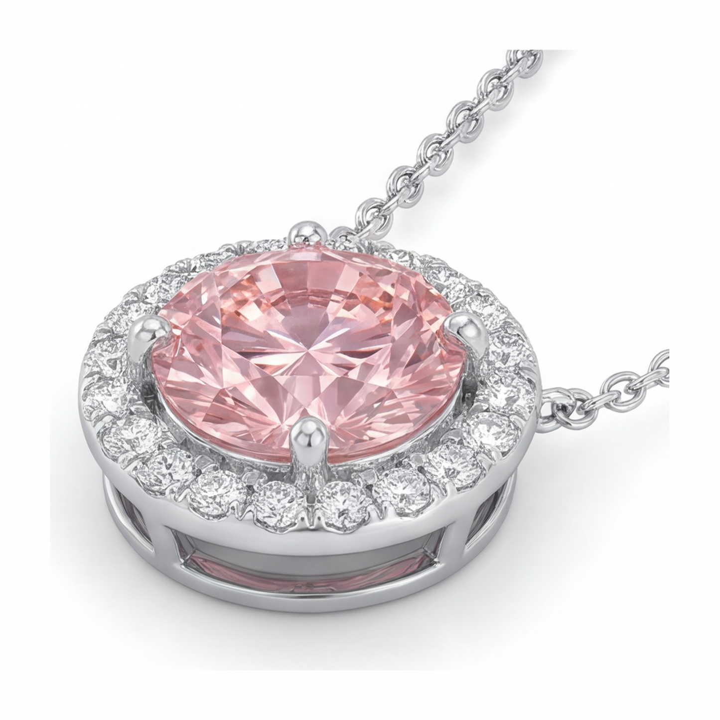 2.5 Carat Round Pink Lab Grown Diamond and White Diamond Halo Pendant 14K White Gold
