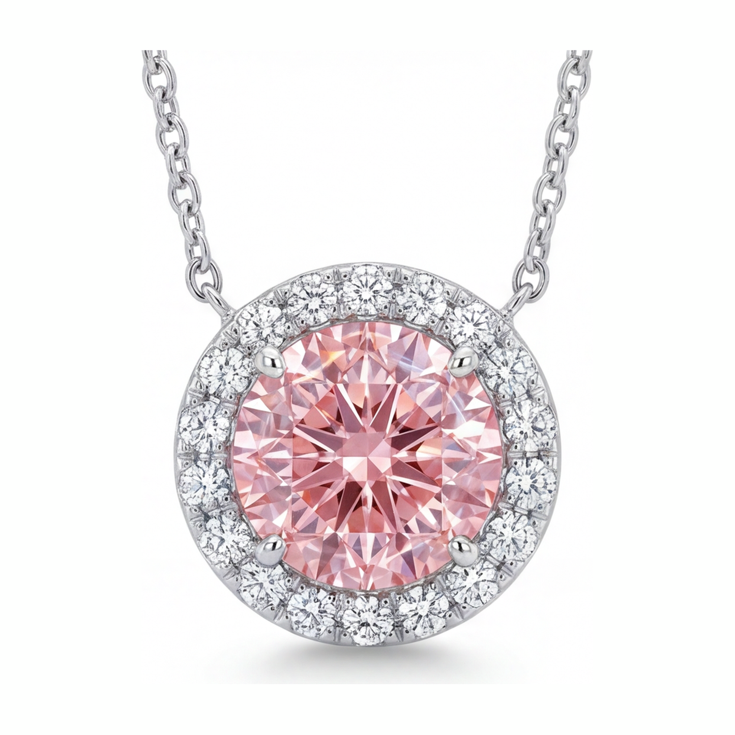 2.5 Carat Round Pink Lab Grown Diamond and White Diamond Halo Pendant 14K White Gold