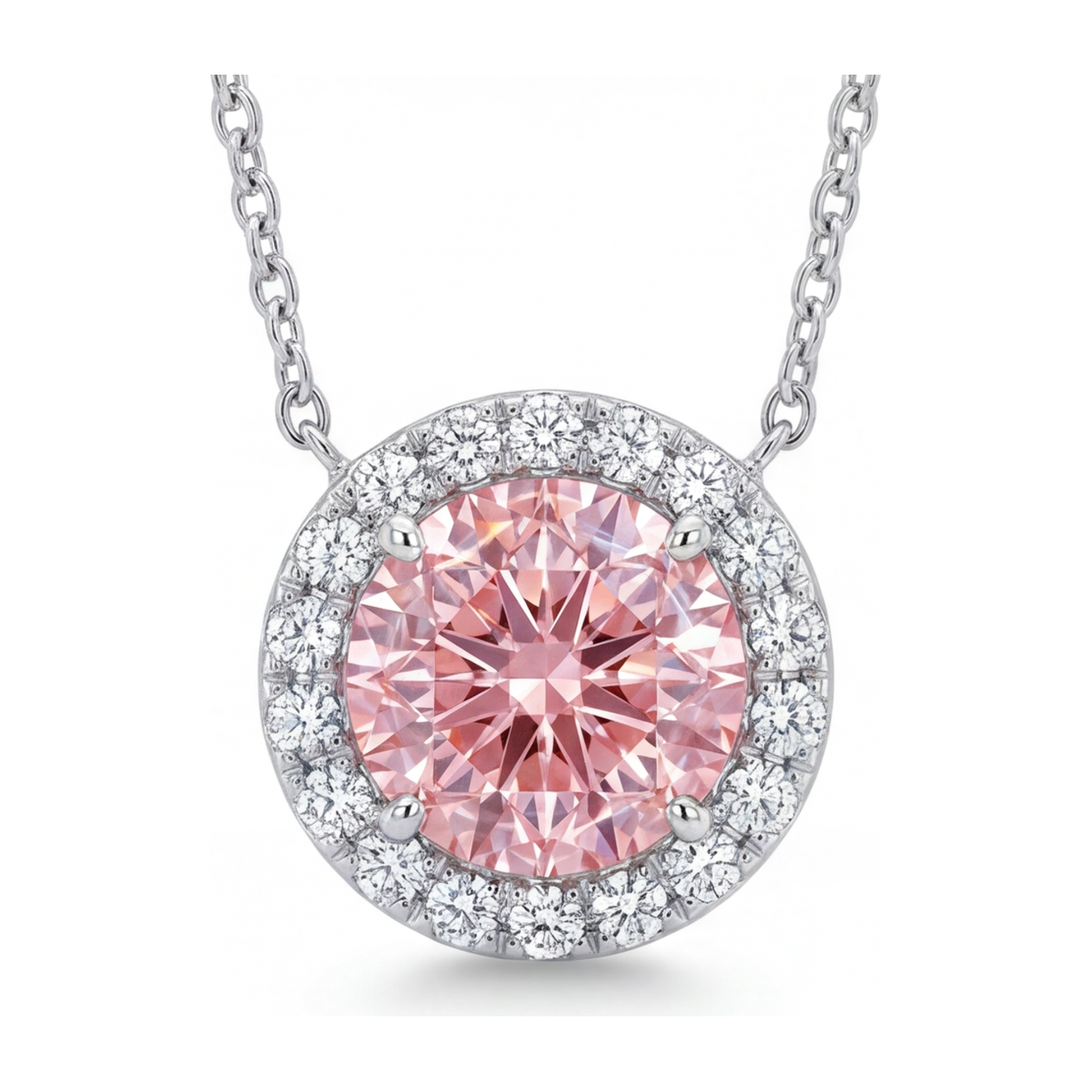 2.5 Carat Round Pink Lab Grown Diamond and White Diamond Halo Pendant 14K White Gold