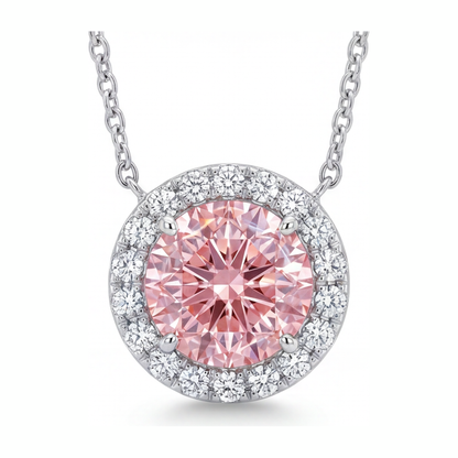 2.5 Carat Round Pink Lab Grown Diamond and White Diamond Halo Pendant 14K White Gold