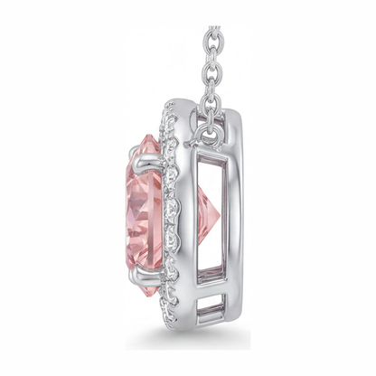 2.5 Carat Round Pink Lab Grown Diamond and White Diamond Halo Pendant 14K White Gold