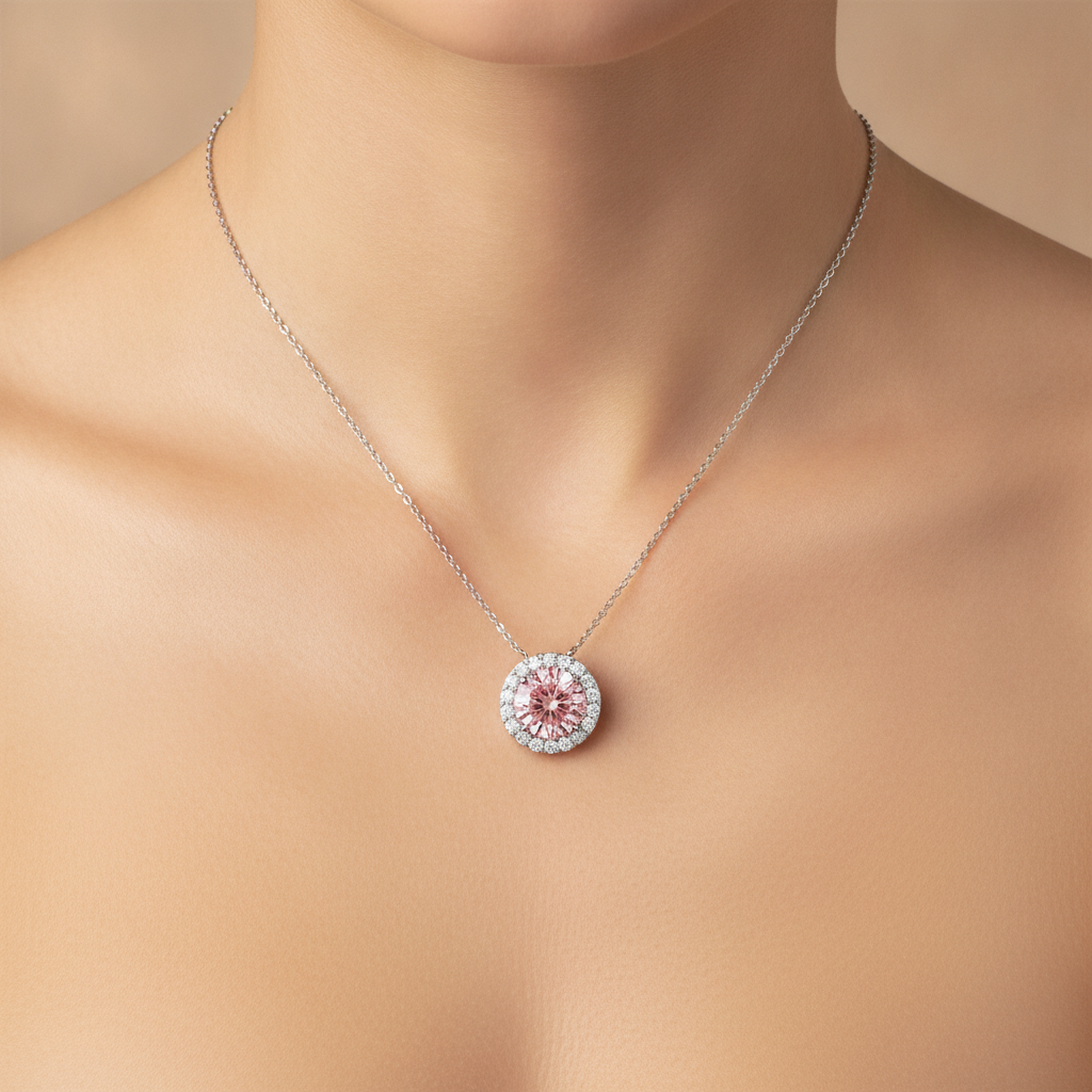 2.5 Carat Round Pink Lab Grown Diamond and White Diamond Halo Pendant 14K White Gold worn