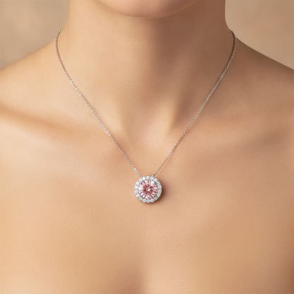 2.5 Carat Round Pink Lab Grown Diamond and White Diamond Halo Pendant 14K White Gold worn