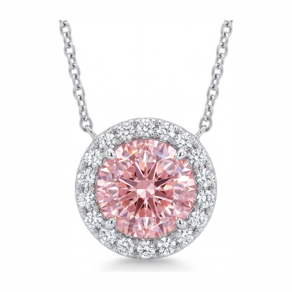 2.5 Carat Round Pink Lab Grown Diamond and White Diamond Halo Pendant 14K White Gold