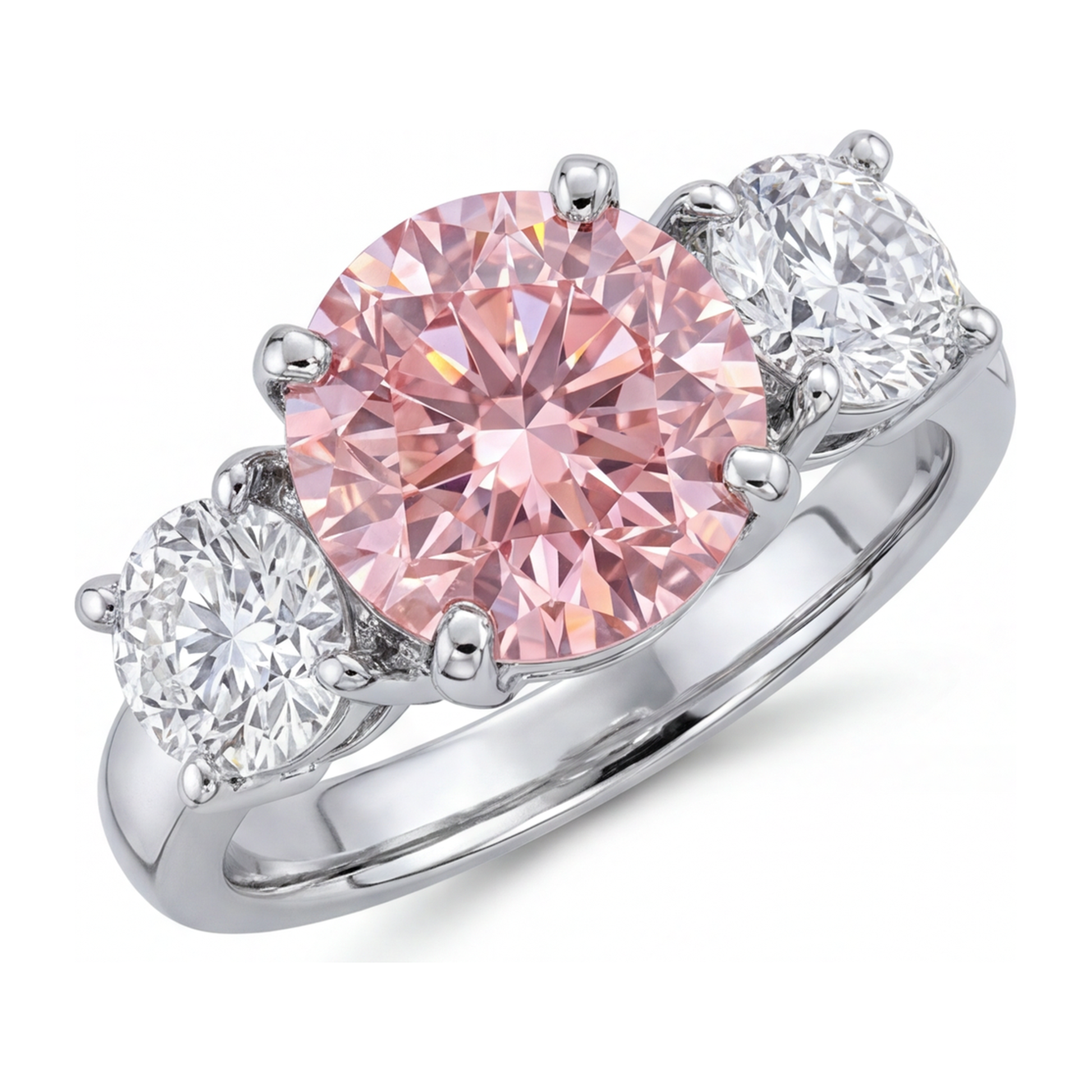 2.5 Carat Round Pink Lab Grown Diamond and White Diamond Three Stone Ring 14K White Gold