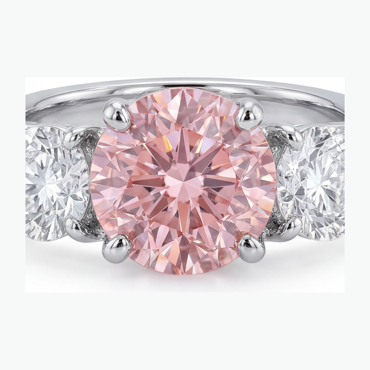 2.5 Carat Round Pink Lab Grown Diamond and White Diamond Three Stone Ring 14K White Gold